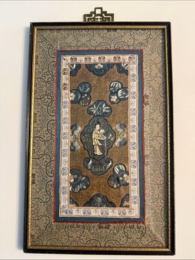 Vintage Chinese Silk Embroidery Framed by Wah Cheong Hong Kong MCM Brass hanger